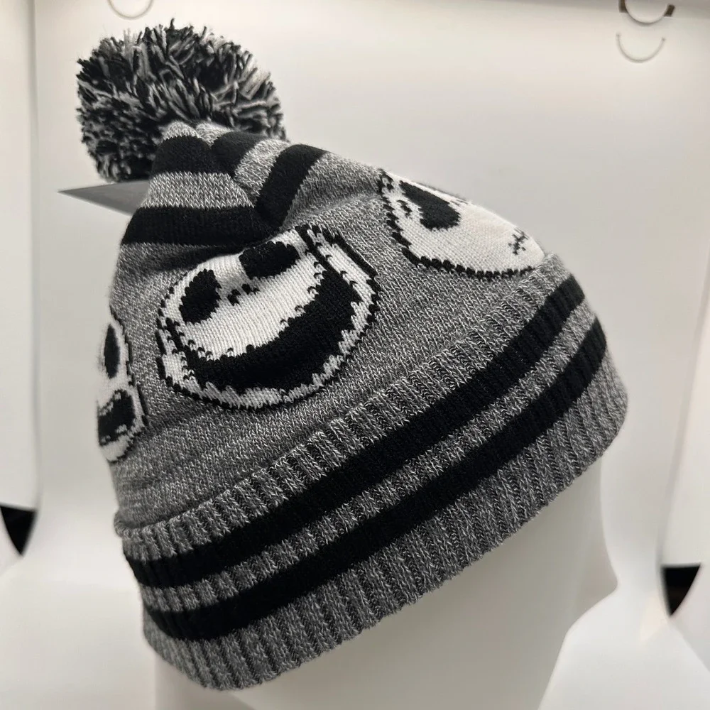 Nightmare Before Christmas Jack Skellington Beanie‎ Pom Pom Knit Hat Black White